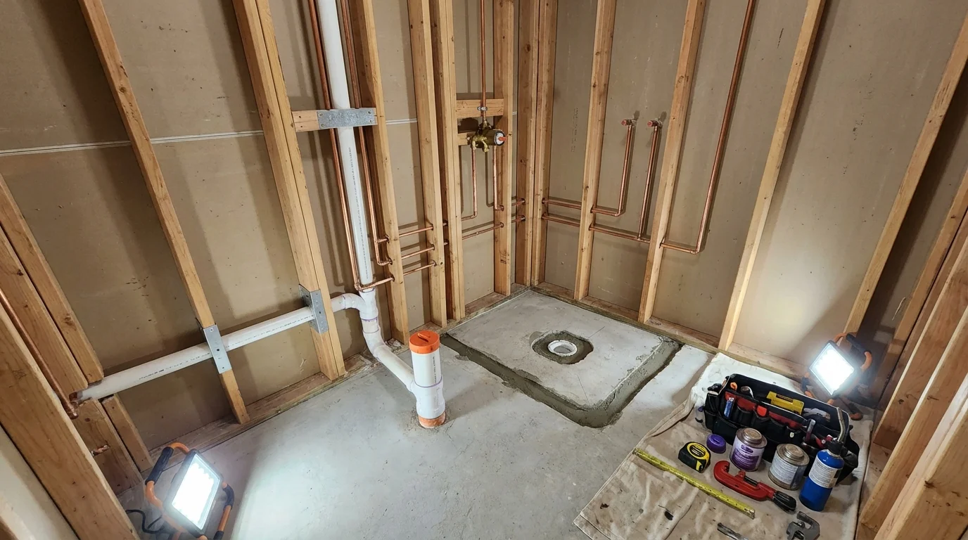 Bathroom rough-in plumbing during remodel by Johns Plumbing LLC in Windom
