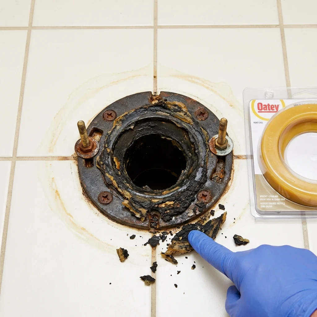 Failed wax ring showing water seepage at the base of a toilet in a Windom, MN home